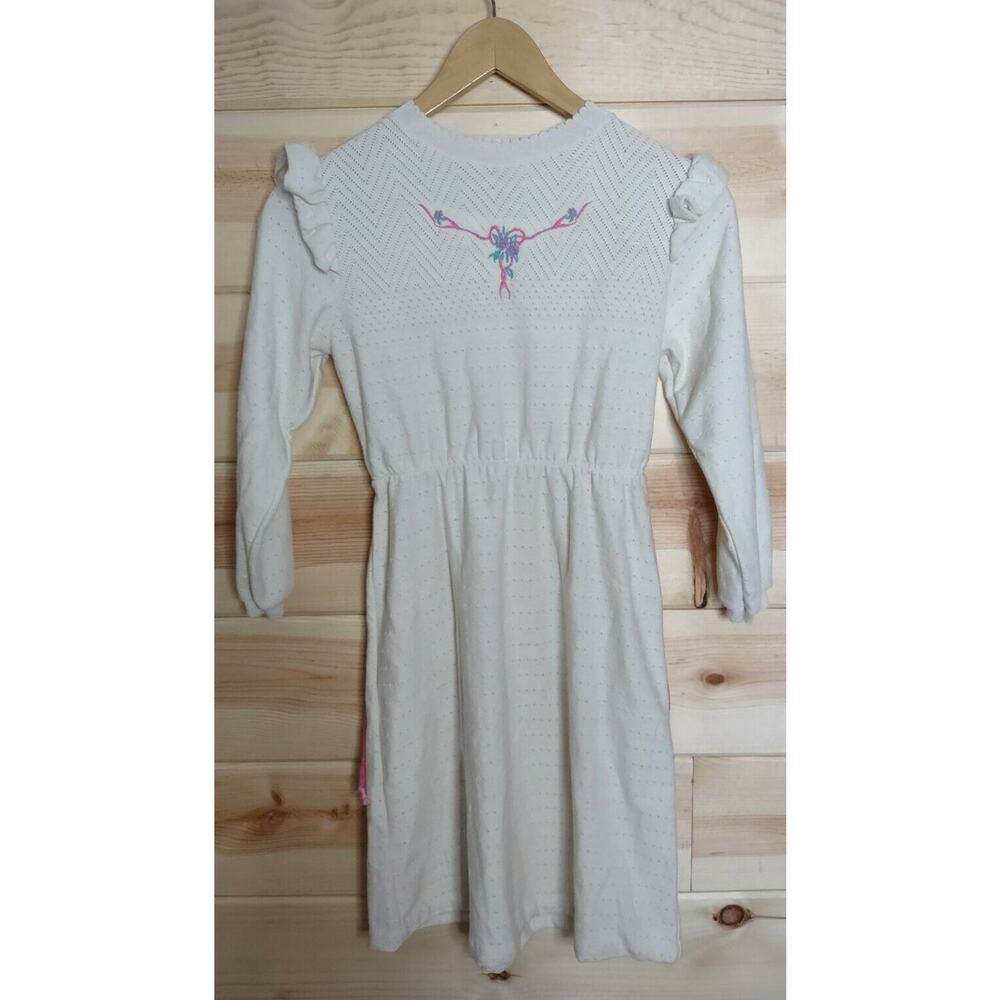 1970s Health-Tex Dress Girl's Belted Ruffle Long Sleeve Ivory Size 14 ❤️